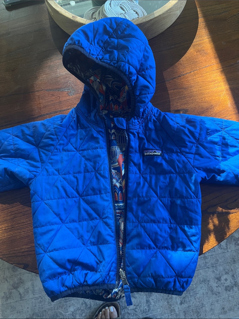 Patagonia Reversible Blue Patterned Hooded Jacket 3T - Picture 4 of 11